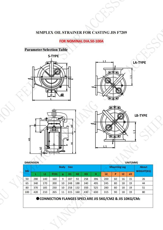 Technische Daten für JIS F7209 Einfache Ölstrahlen & Einfachölkorb Filterkörper - Gusseisen und Filter - Edelstahl
