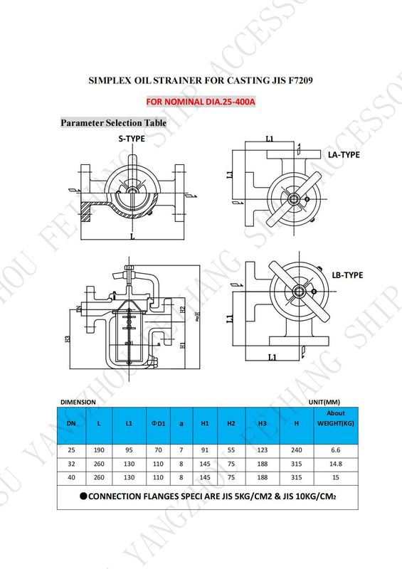 Technische Daten für JIS F7209 Einfache Ölstrahlen & Einfachölkorb Filterkörper - Gusseisen und Filter - Edelstahl